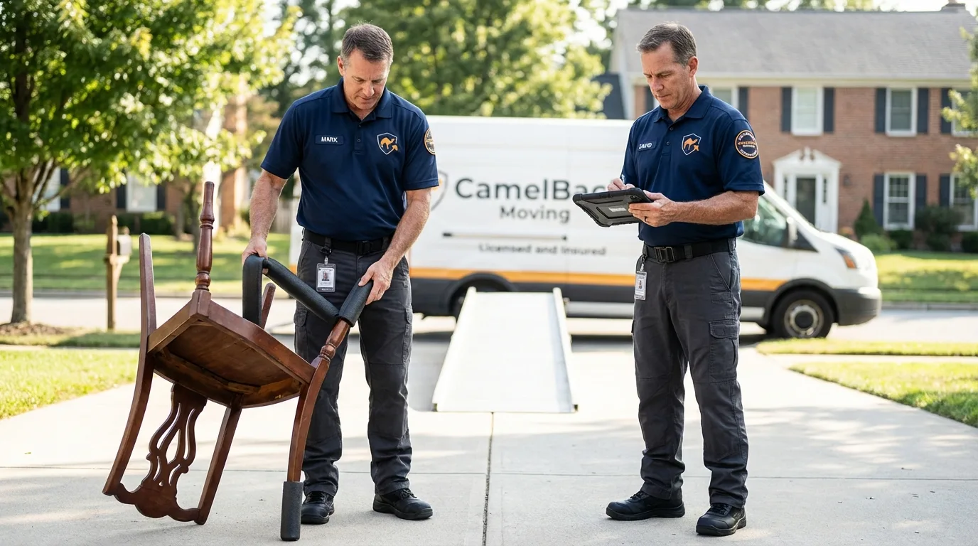 Movers inspecting furniture for damage prevention before loading in Canonsburg, PA
